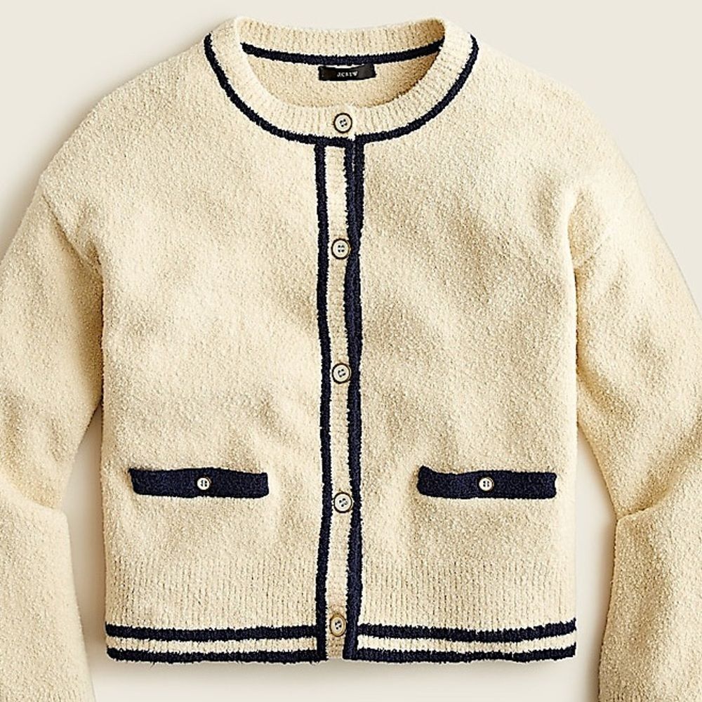 J. Crew Cotton Bouclé Cardigan Sweater Ivory Navy Trim Size S • NEW WITH TAGS • - Picture 4 of 11